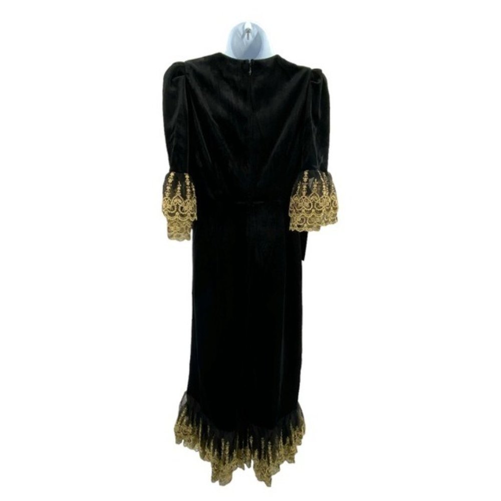 NEW Pomander Place Black Velvet Lillith Gold Embroidered Lace Maxi Dress Size M - Picture 10 of 14
